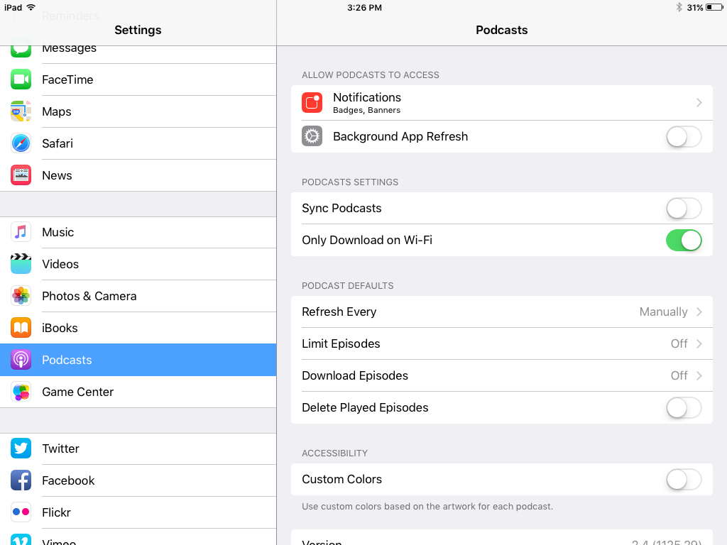 settings menu for podcasts on ipad