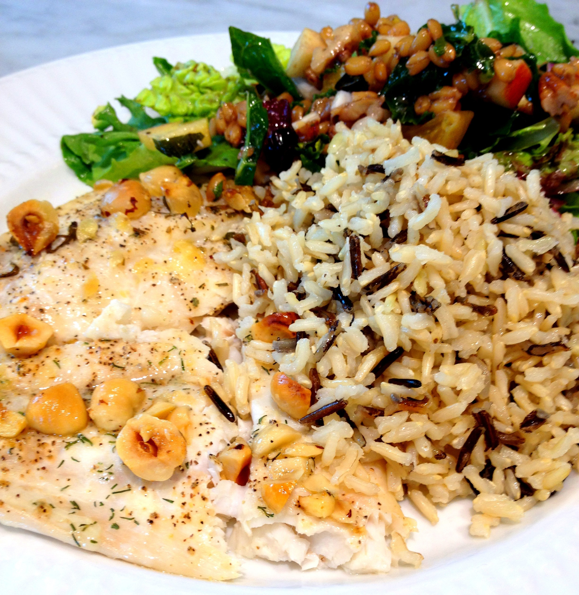 filet of sole with hazelnut butter, wild rice, and wheatberry salad