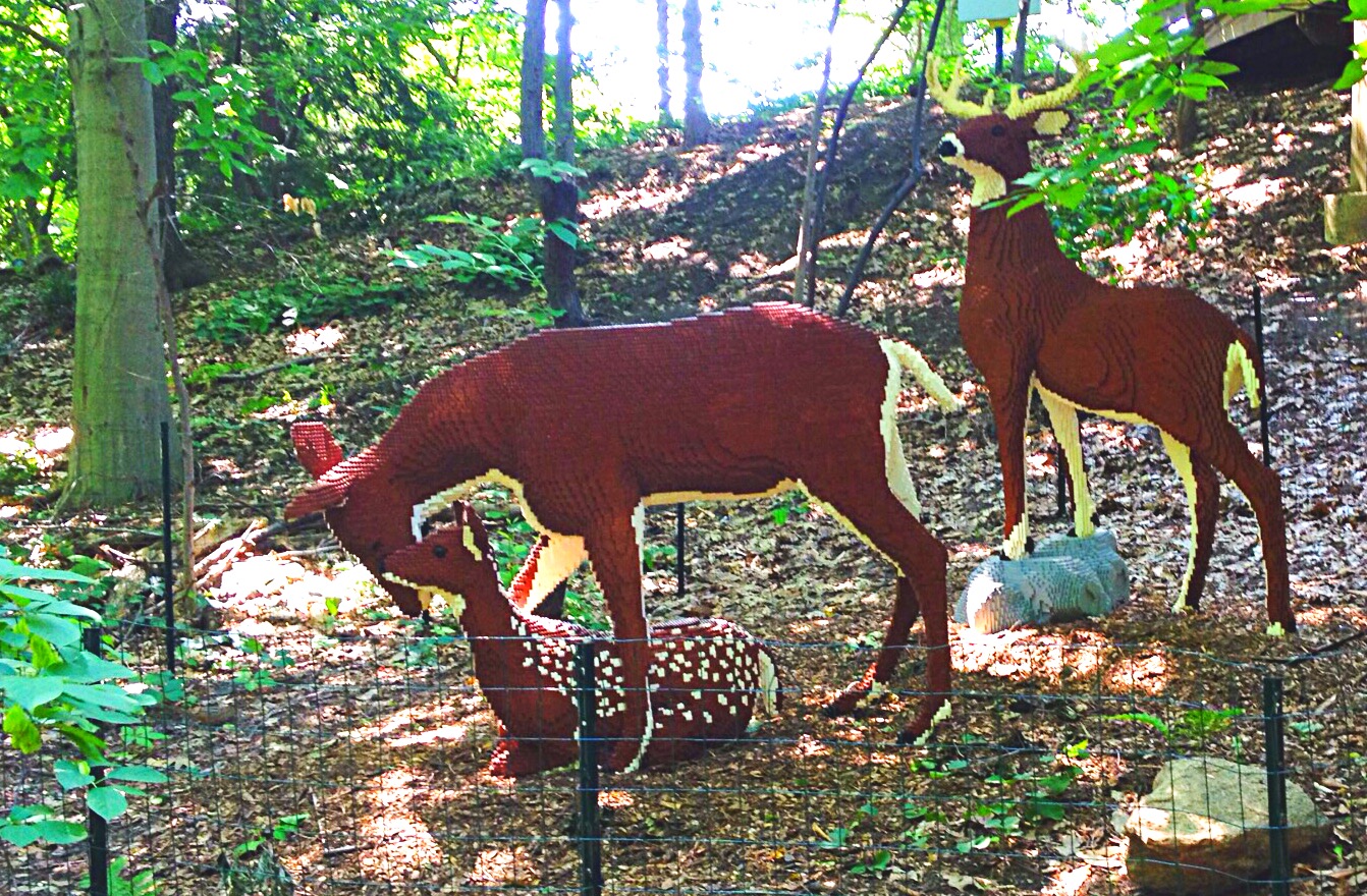 photo of brown and white Lego sculptures of a deer family