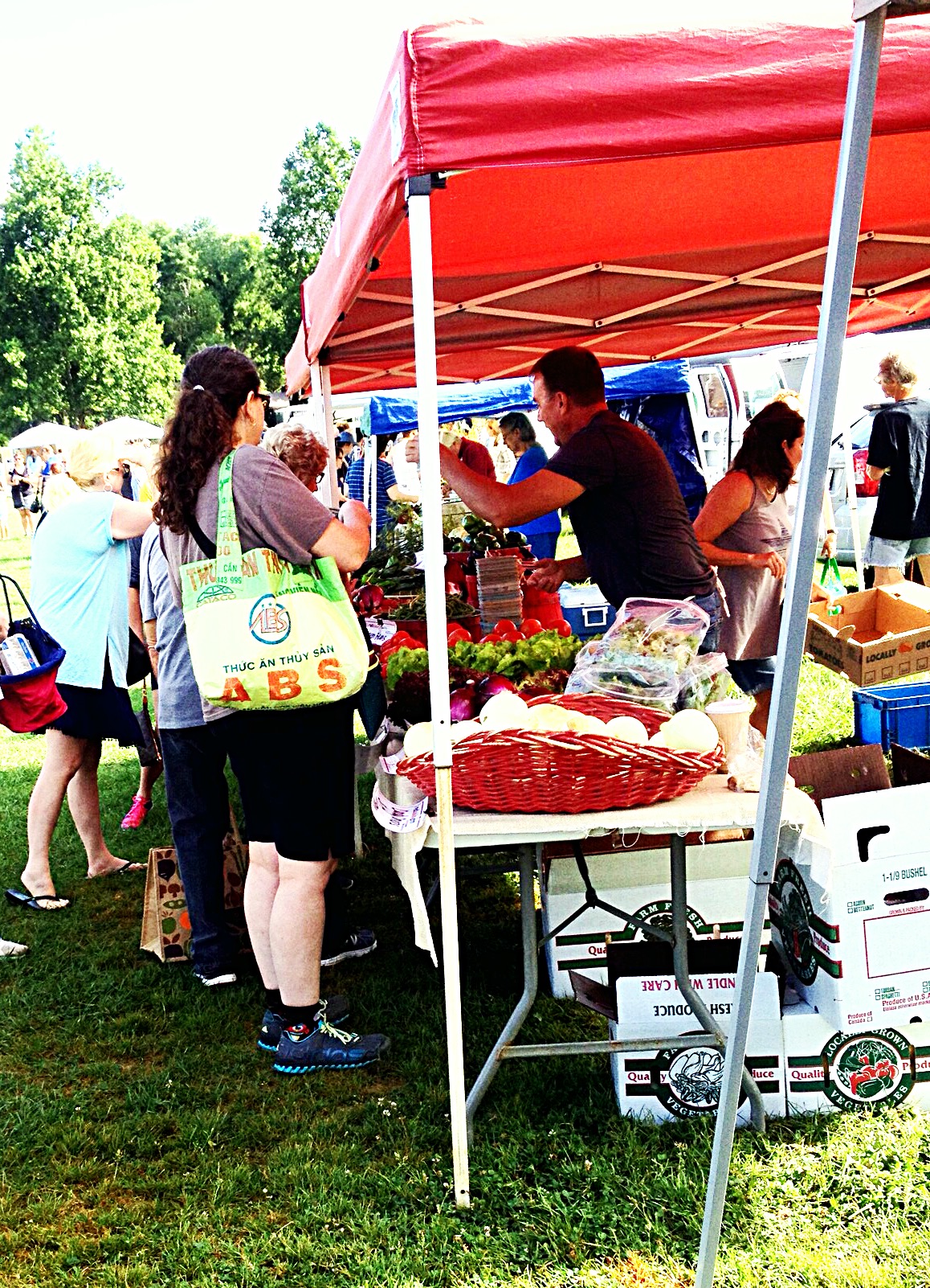 Photo of patrons buying veggies at farm stand