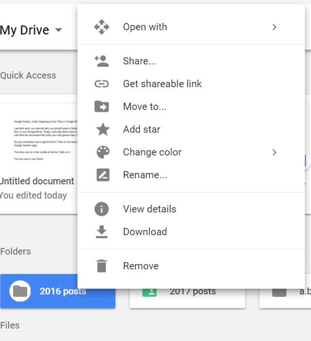 Screenshot of List of folder actions