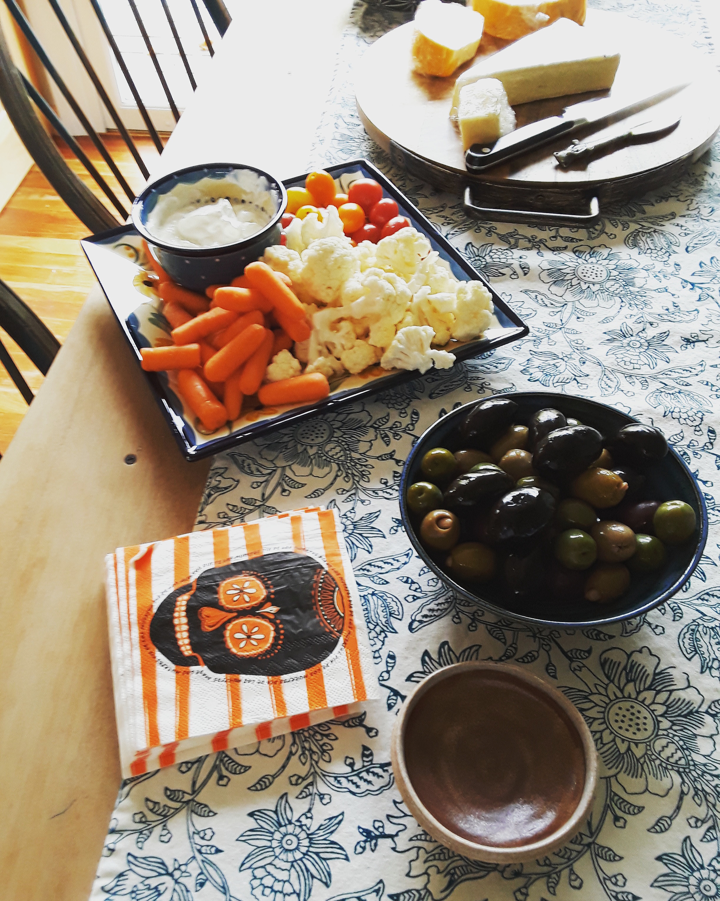 crudite, cheeses, olives, and crackers