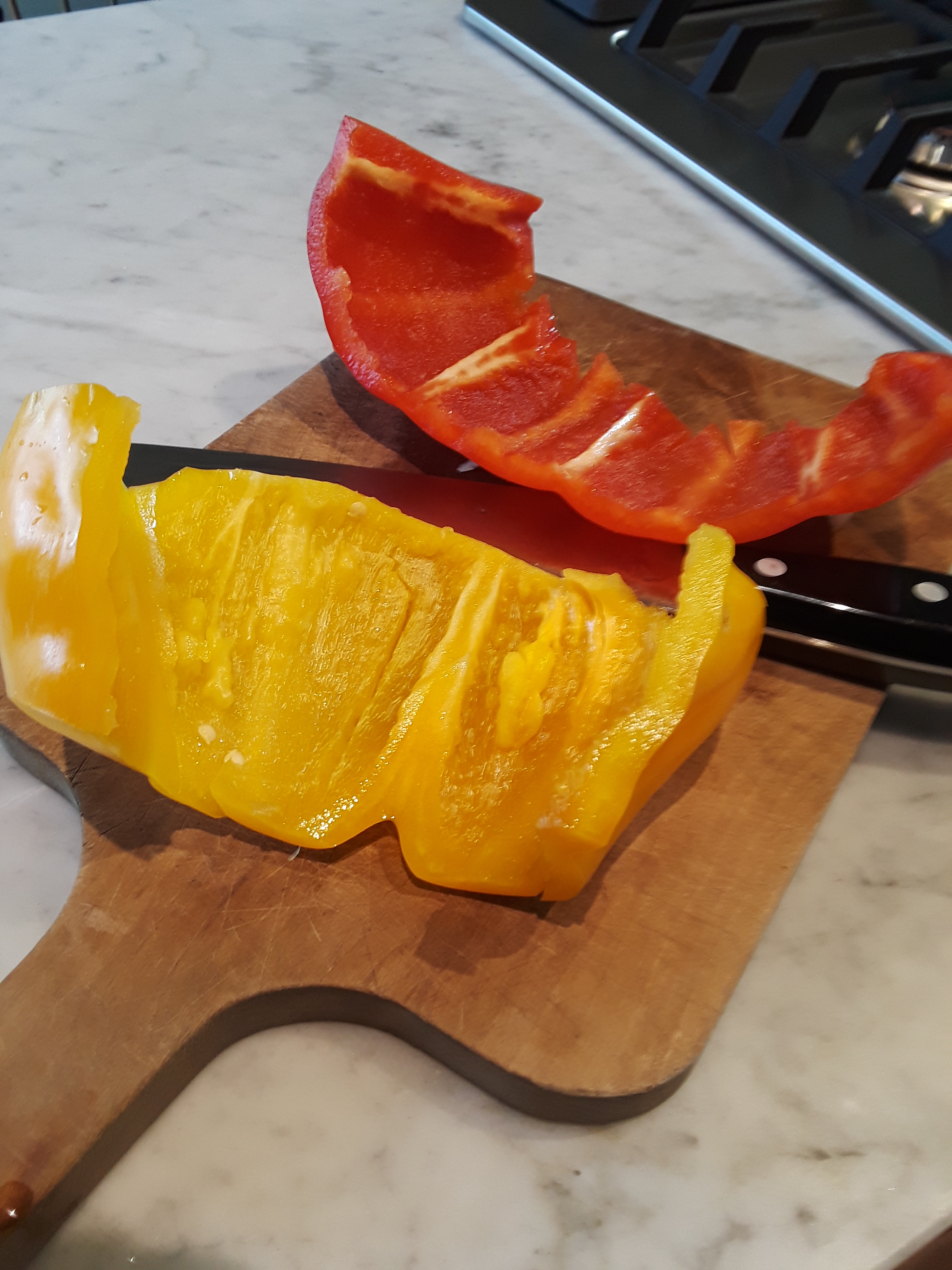cleaning and chopping sweet peppers