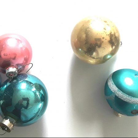 Turquoise, pink, gold Christmas glass ornaments, vintage
