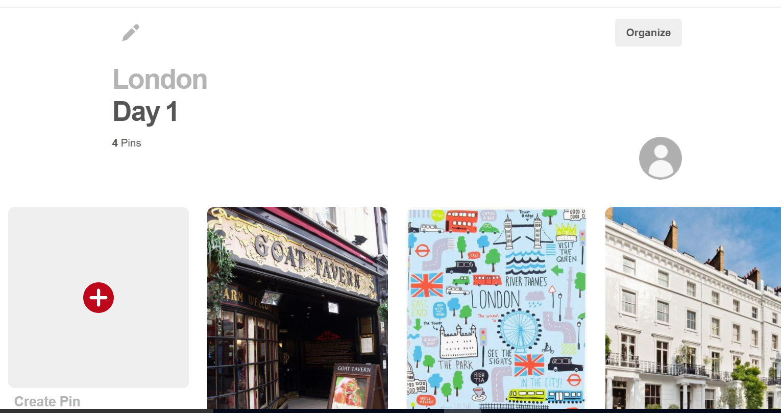 Pinterest London Board divided into sections by Day