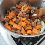 saute sweet potatoes, onions, and chorizo