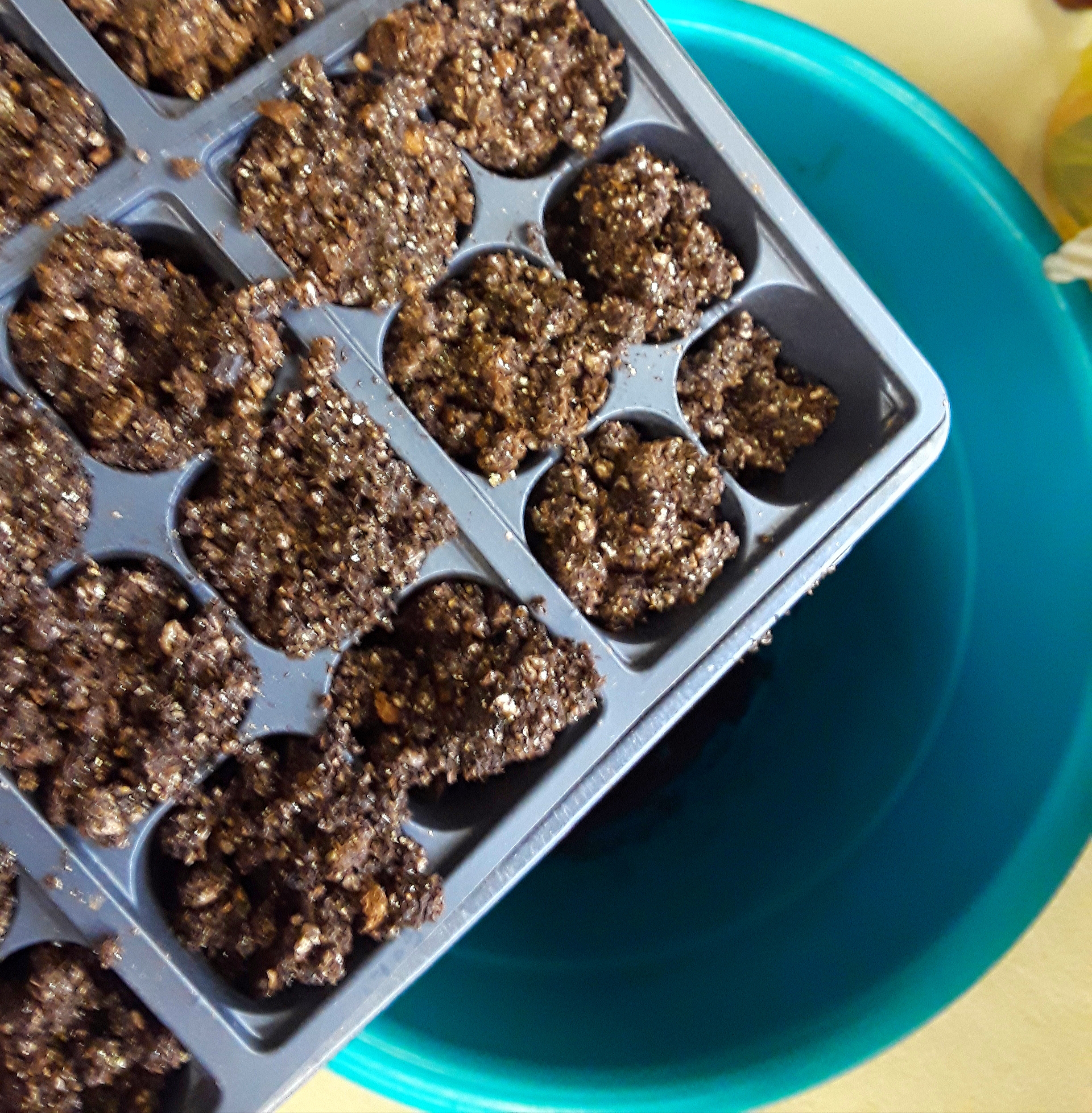 Garden seed starter mix is soaked in warm water before filling the planting trays.