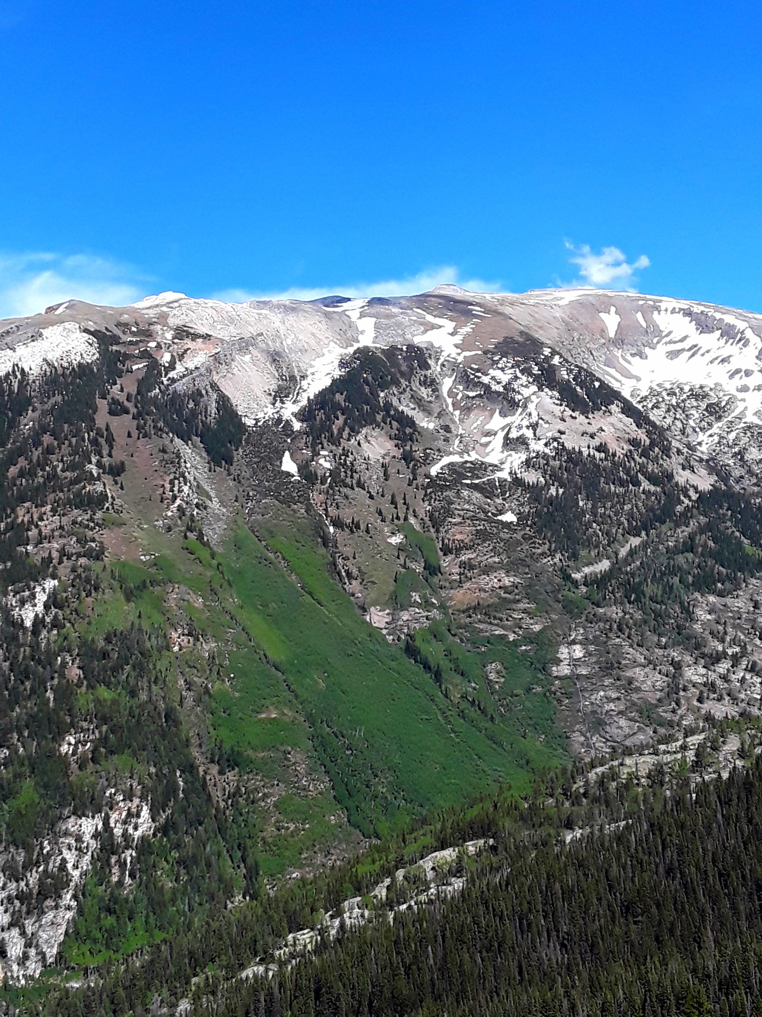Rocky mountain tops, capped in snow and skirted by greenery.
