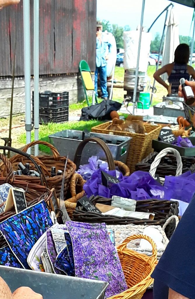 Baskets of lavender-infused products for sale at a lavender farm.