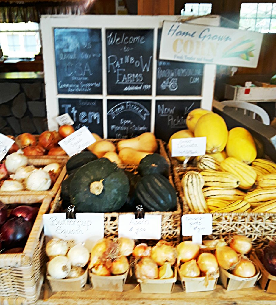 Varieties of squashes and onions in baskets for sale.