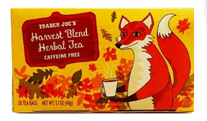 A fox drinking tea from a teacup is pictured on the package of Harvest Blend tea.