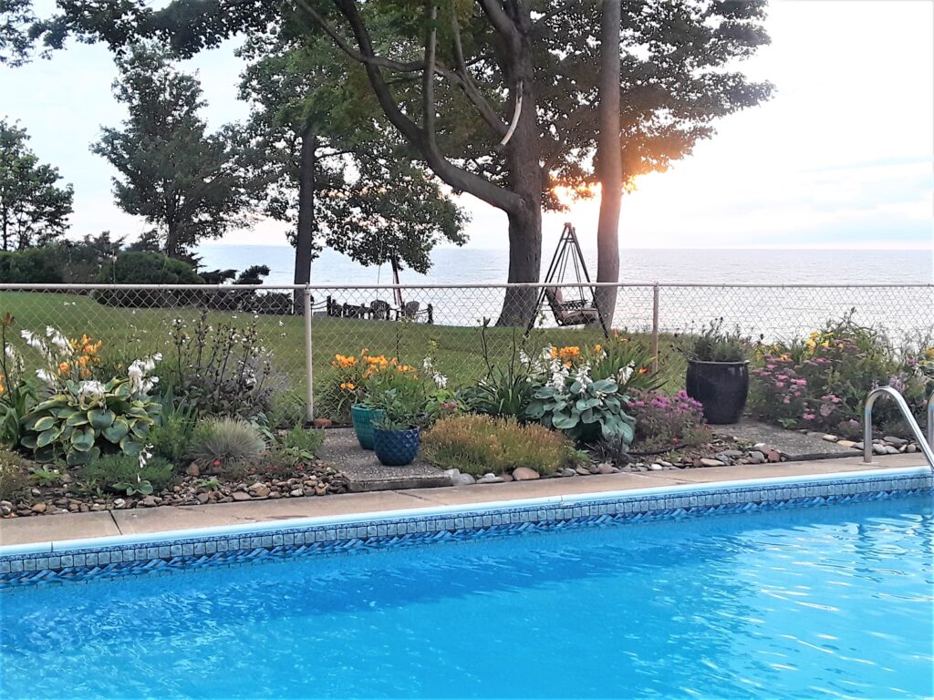 The pool gardens showing white and yellow blossoms in June.