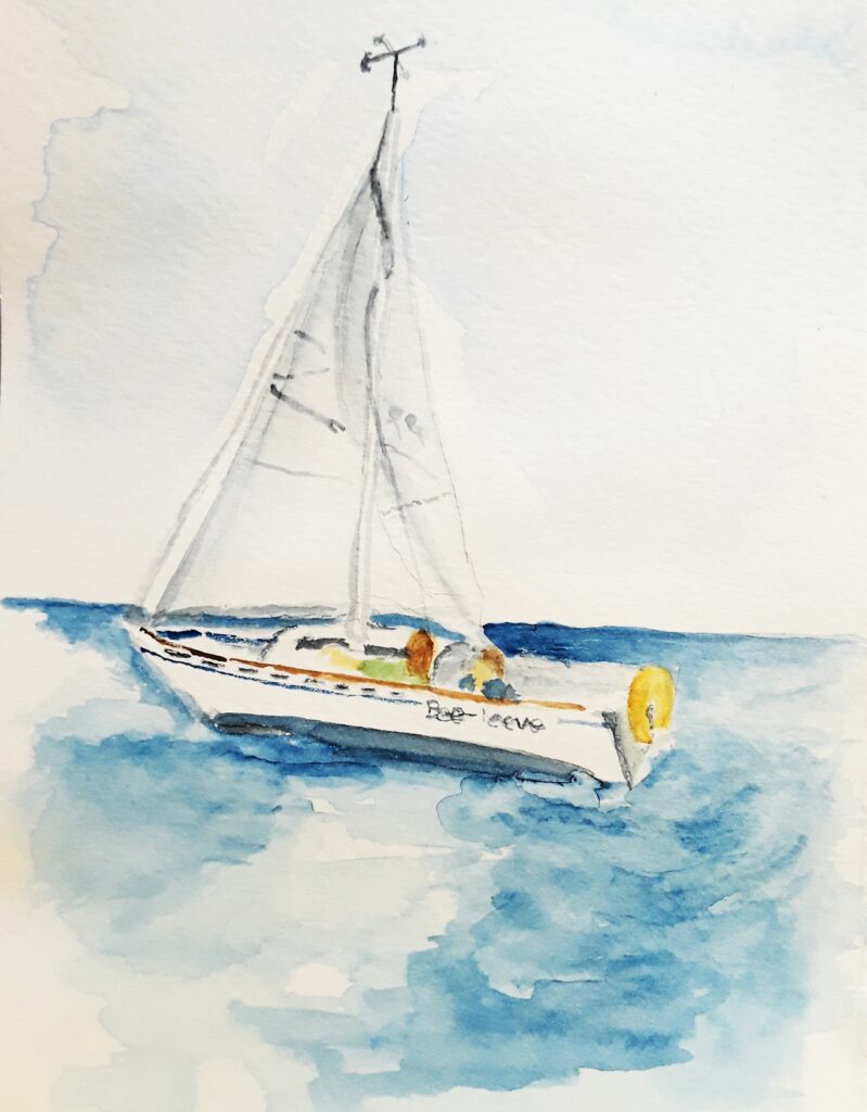 watercolor painting of sailboat named "Be-lieve"