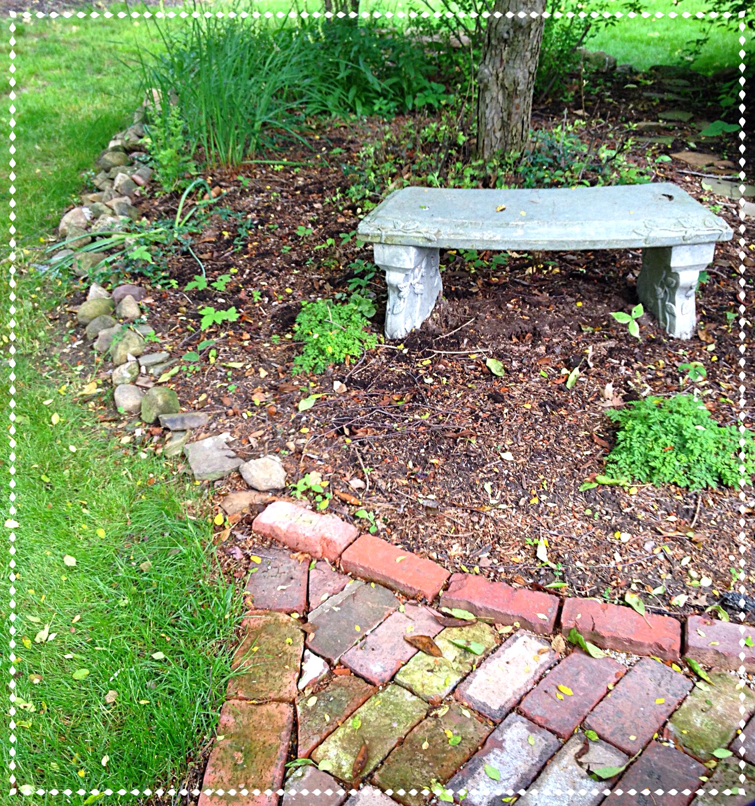 A mulched tree bed is edged with stone and brick