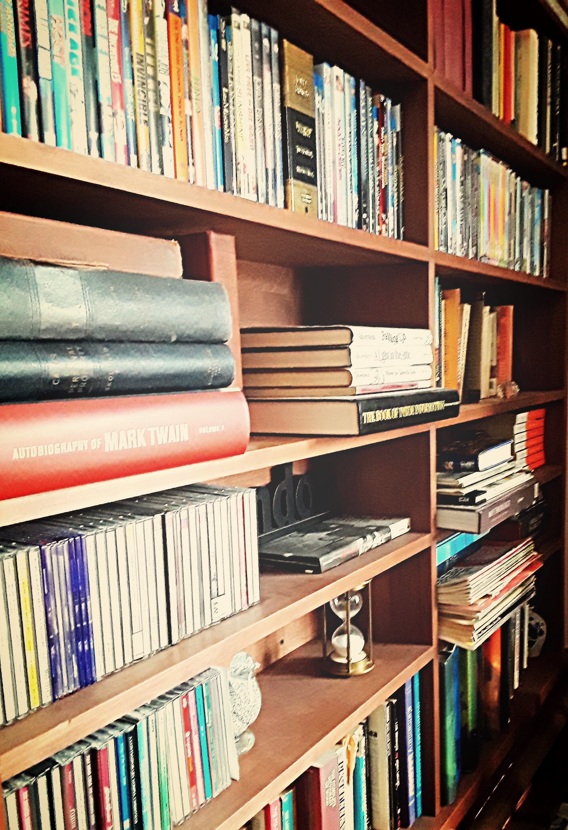 A home library displays shelves of books, CDs, and DVDs