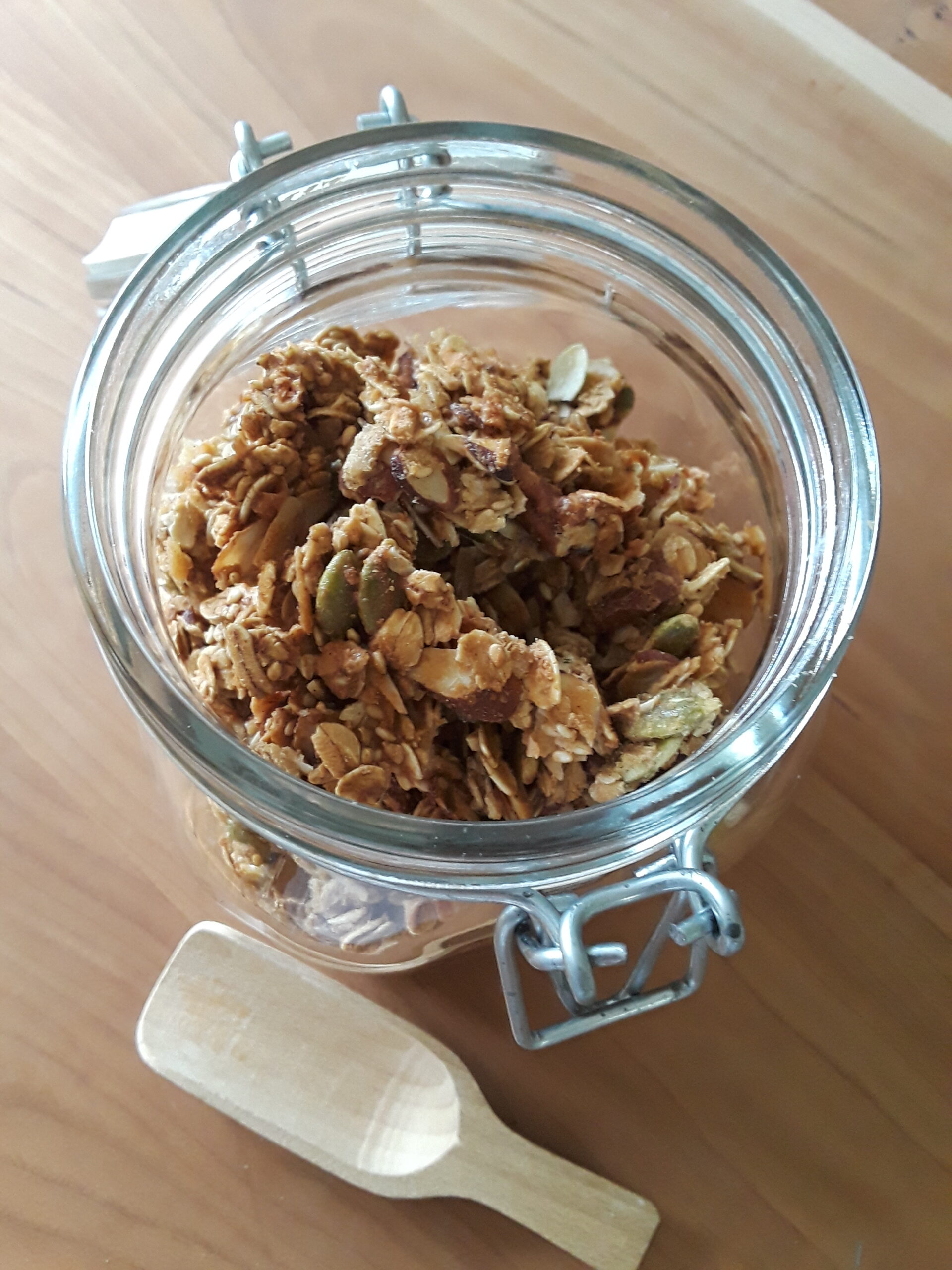 Granola chunks stored in canning jar